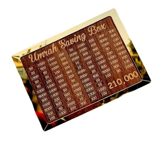 Umrah Saving Box – Premium Wooden Money Bank for Hajj & Umrah (Save up to Rs. 210,000)