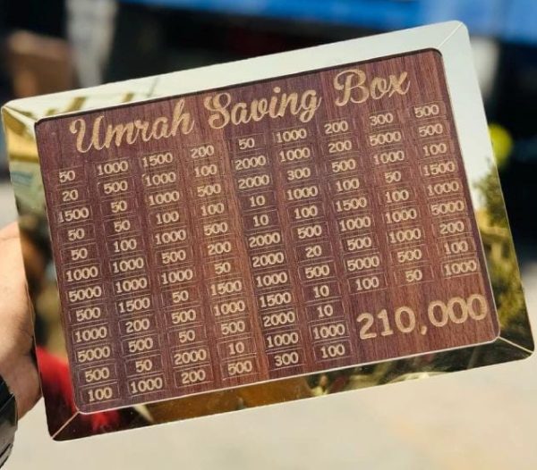 Umrah Saving Box – Premium Wooden Money Bank for Hajj & Umrah (Save up to Rs. 210,000)